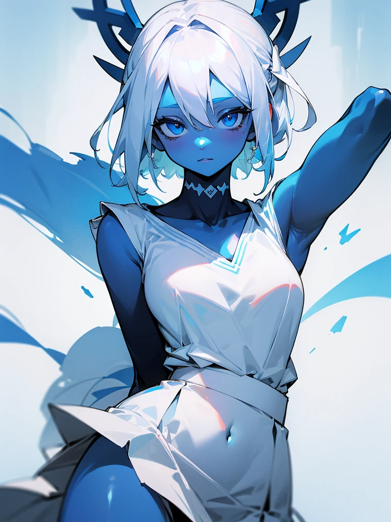 ((Blue skin)), (missing right arm), white skirt, greece white upper body clothes, girl, white hair
