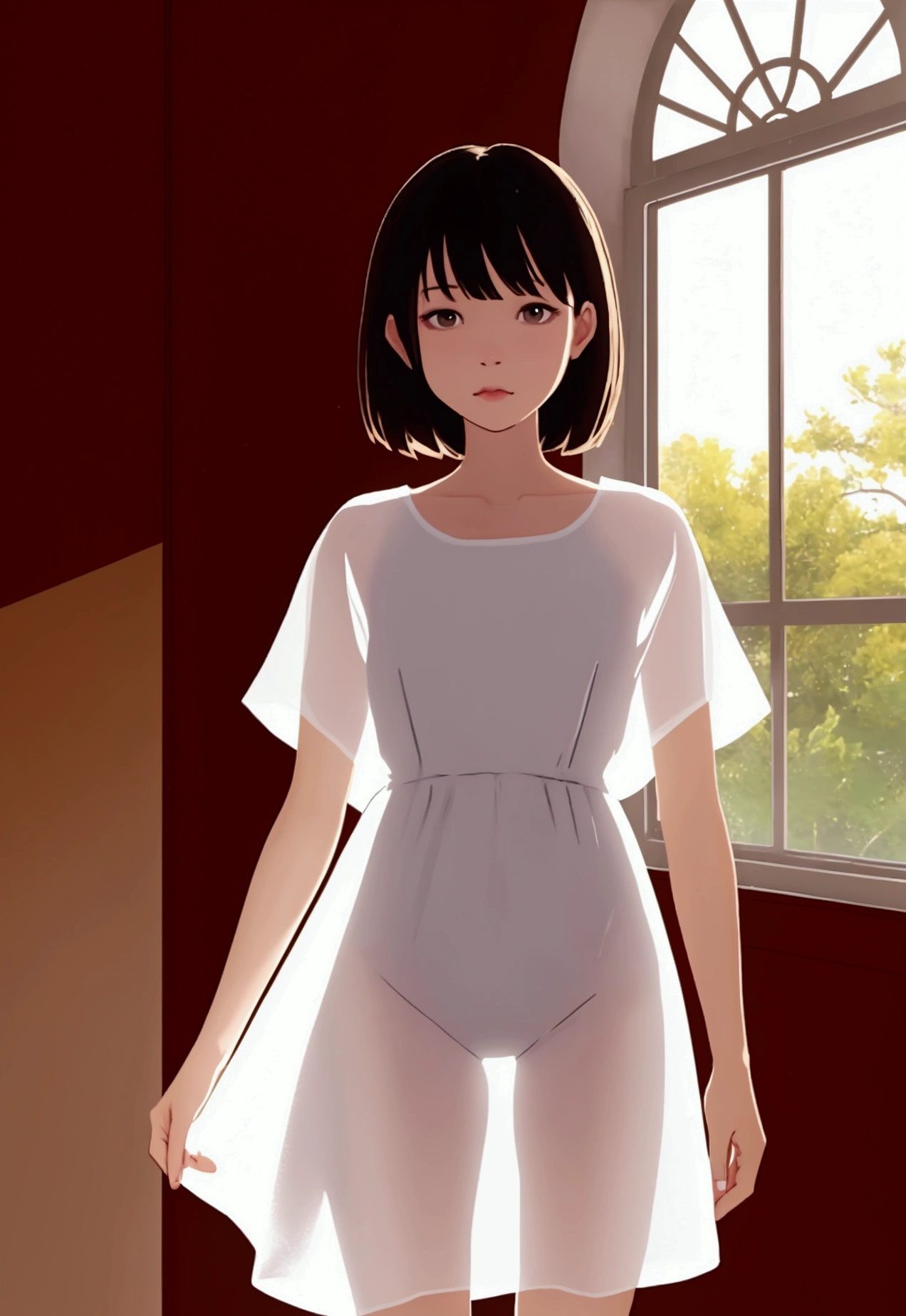 (masterpiece, Highest quality), One Girl,14 years old,Very short stature,Thin thighs,Flat Chest,slim, White short dress, Transparent Dress, See-through silhouette, Backlight, Backlight, Standing by the window, Bedroom, morning, sunlight, warm, Anime Minimalist, watercolor,hugging a big teddy bear,