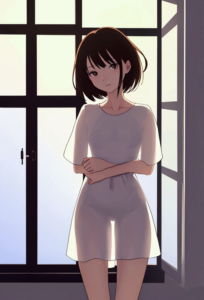 (masterpiece, best quality), 1girl, ite, slim, transparent dress, see-through dress, backlit, backlight, standing by the window closeup, bedroom, morning, sunlight, warm, anime minimalist, watercolor
