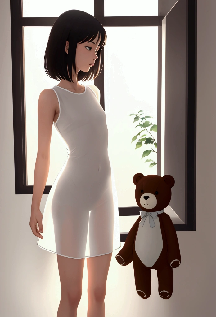 (masterpiece, Highest quality), One Girl,14 years old,Very short stature,Thin thighs,Flat Chest,slim, White short dress, Transparent Dress, See-through silhouette, Backlight, Backlight, Standing by the window, Bedroom, morning, sunlight, warm, Anime Minimalist, watercolor,hugging a big teddy bear,