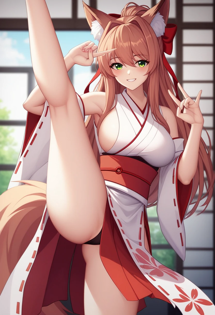 (masterpiece, best quality:1.2)((coral brown hair))((emerald green eyes)),solo,1girl,monika(doki doki literature club), animal_ears,(standing_fox_ears),hair_between_eyes, miko_clothing, japanese_clothing , sleeveless_shirt, ((sexy_miko_clothing)), (fox shadow puppet hand pose), (one leg up), (sexy pose)