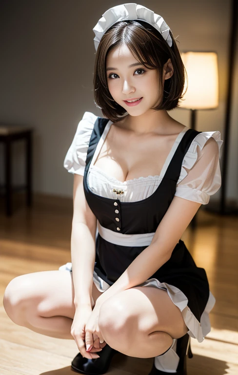 (An intellectual lady with a light colored maid outfit, pretending to work at a maid cafe, she is the winner of 'Best Smile for toothpaste CF', full body shot, gray background, wearing black high heels, short wavy bob hair, squatting pose, (best quality,4k,8k,highres,masterpiece:1.2),ultra-detailed,(realistic,photorealistic,photo-realistic:1.37),detailed facial features,beautiful detailed eyes,beautiful detailed lips,extremely detailed face,longeyelashes,maid uniform,maid cafe interior,studio lighting,vivid colors,warm lighting)