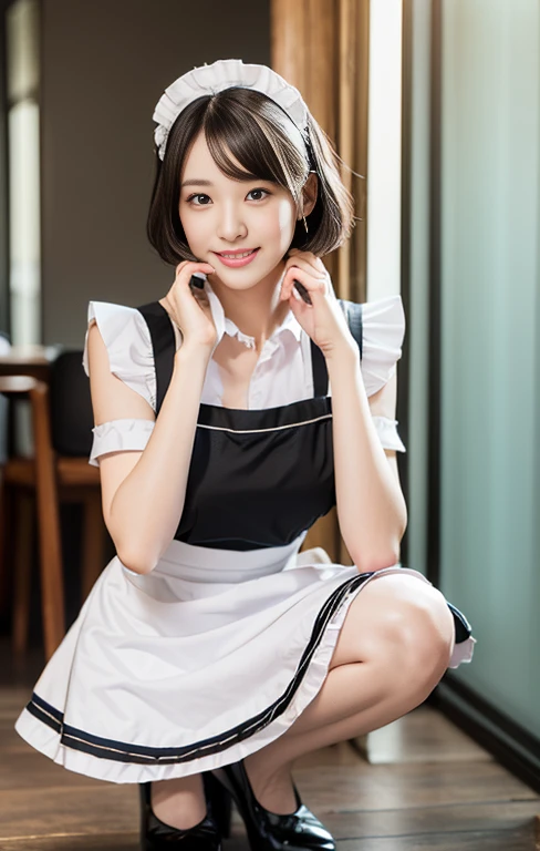 (An intellectual lady with a light colored maid outfit, pretending to work at a maid cafe, she is the winner of 'Best Smile for toothpaste CF', full body shot, gray background, wearing black high heels, short wavy bob hair, squatting pose, (best quality,4k,8k,highres,masterpiece:1.2),ultra-detailed,(realistic,photorealistic,photo-realistic:1.37),detailed facial features,beautiful detailed eyes,beautiful detailed lips,extremely detailed face,longeyelashes,maid uniform,maid cafe interior,studio lighting,vivid colors,warm lighting)
