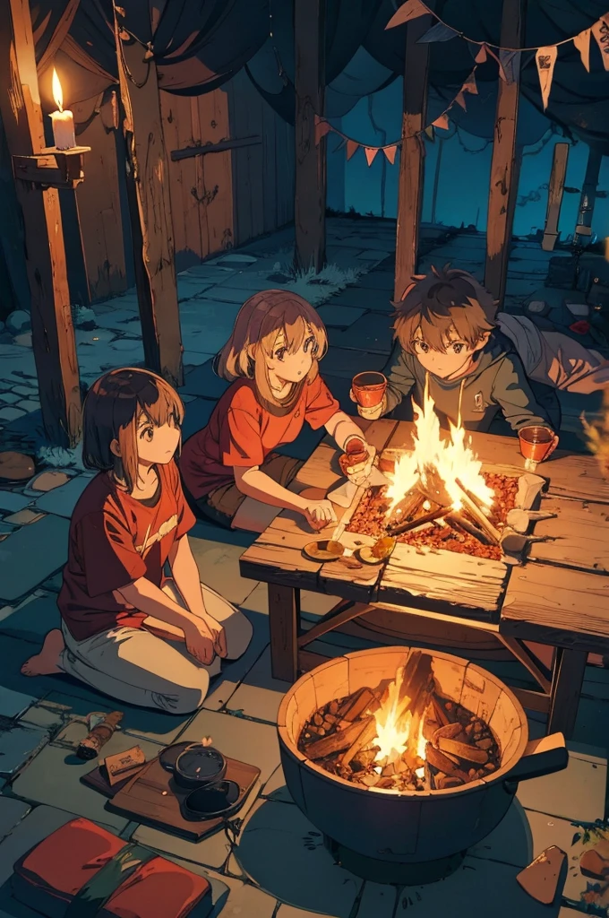 Cooking environment in an RPG cave with pans on the floor with food and sleeping bags with torches, candles and bonfires