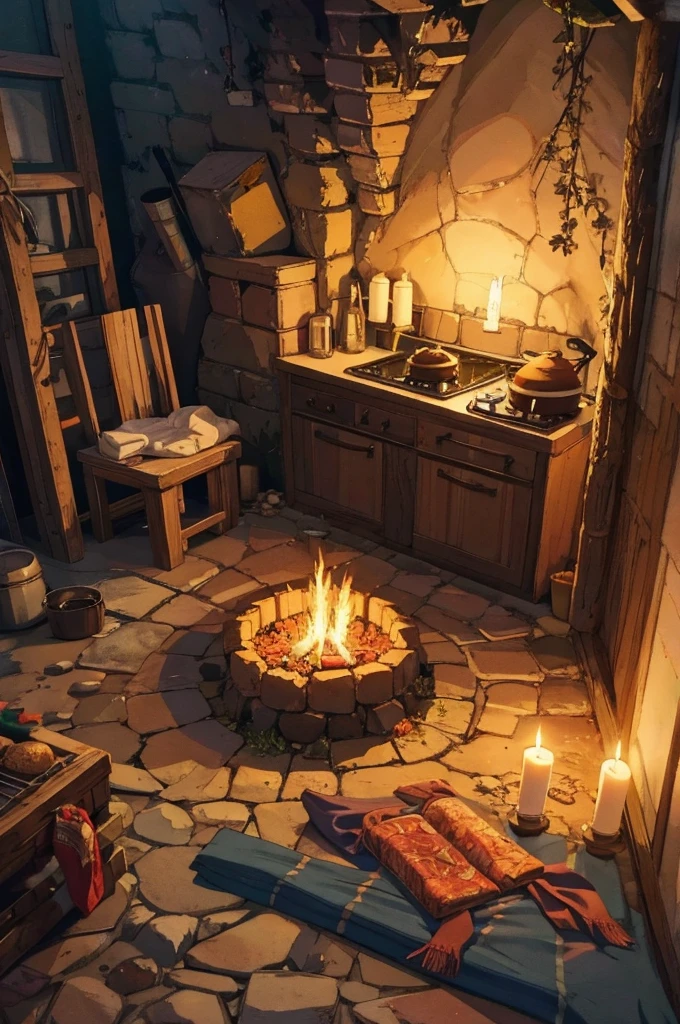 Cooking environment in an RPG cave with pans on the floor with food and sleeping bags with torches, candles and bonfires