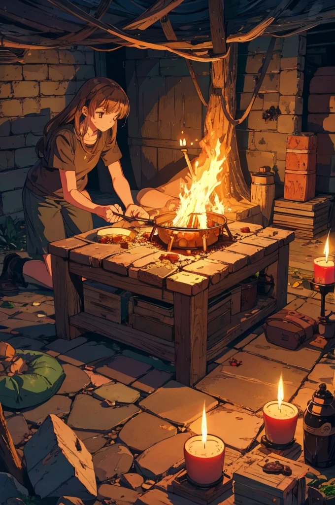 Cooking environment in an RPG cave with pans on the floor with food and sleeping bags with torches, candles and bonfires