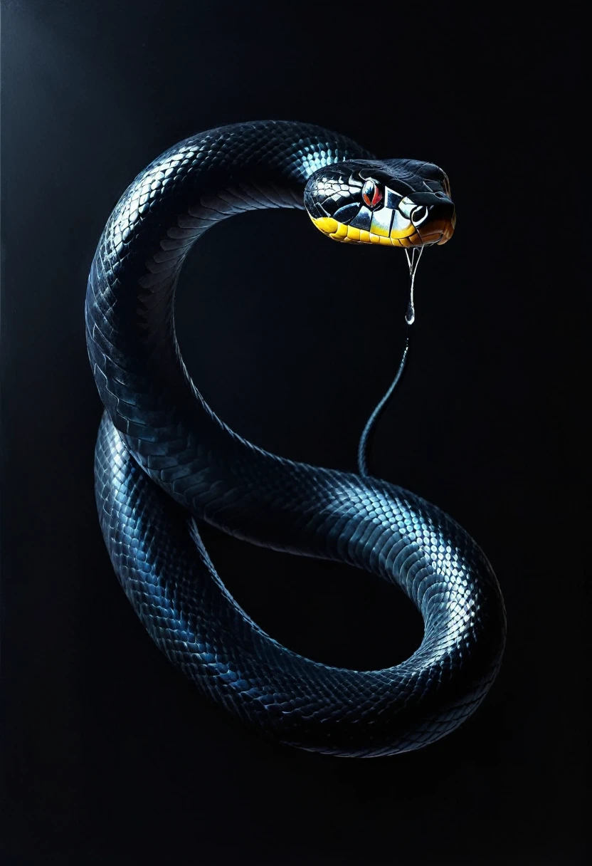 painting of a black dangerous poisonous snake, sharp deep shadows. Inspiration, cinematic scene, volumetric lights, ultra realistic, in the style of nicola samori