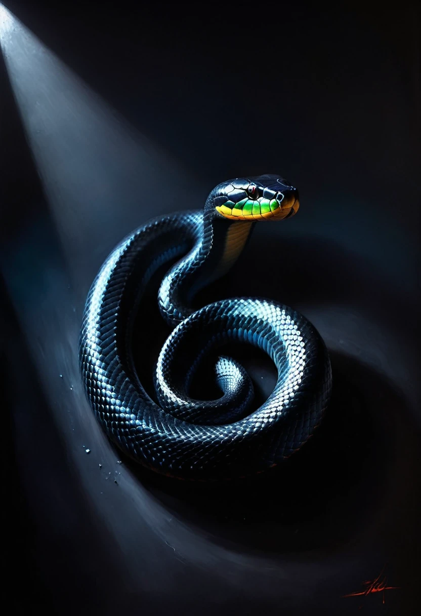 painting of a black dangerous poisonous snake, sharp deep shadows. Inspiration, cinematic scene, volumetric lights, ultra realistic, in the style of nicola samori