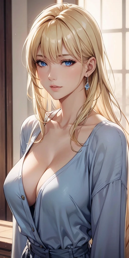 Graceful mature woman, milf, blue eyes, blonde hair, soft light, 4k resolution, high quality, beautiful cg
