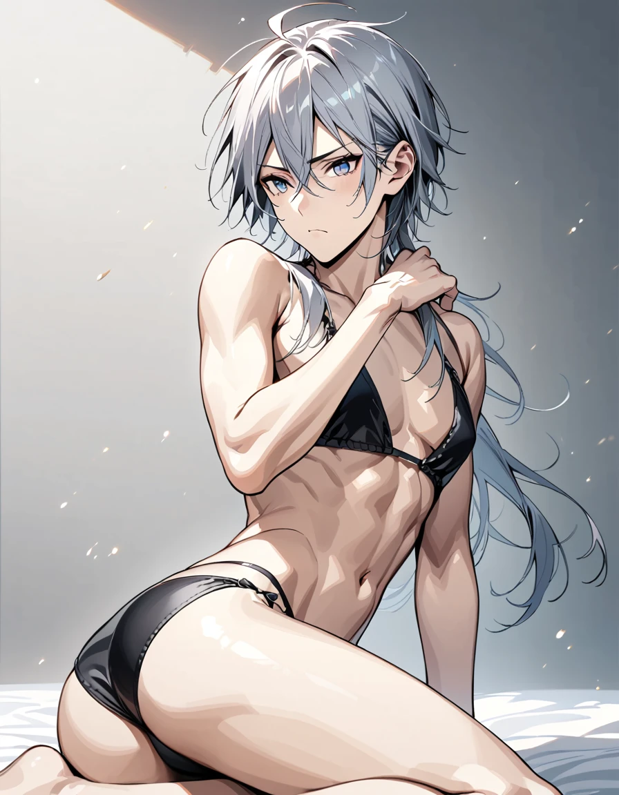 absurdres, highres, ultra detailed, super fine illustration, best quality, 1boy, perfect anatomy, male focus, solo, (dark-skinned:0.8) male, silver hair, long hair, black bikini, bare shoulders, bare arms, bare legs, <lora:_L2090:-0.6> <lora:flat:-0.2>