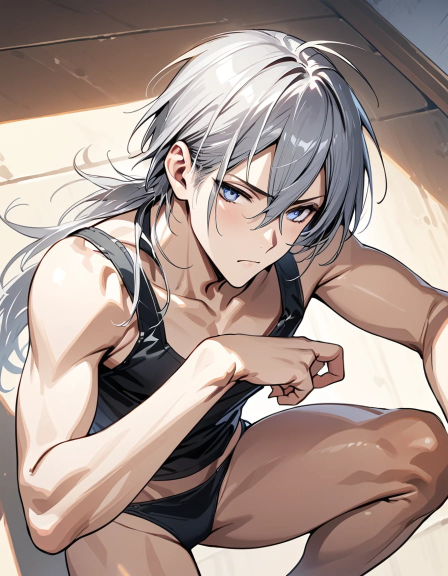 absurdres, highres, ultra detailed, super fine illustration, best quality, 1boy, perfect anatomy, male focus, solo, (dark-skinned:0.8) male, silver hair, long hair, black bikini, bare shoulders, bare arms, bare legs, &lt;lora:_L2090:-0.6&gt; &lt;lora:flat:-0.2&gt;