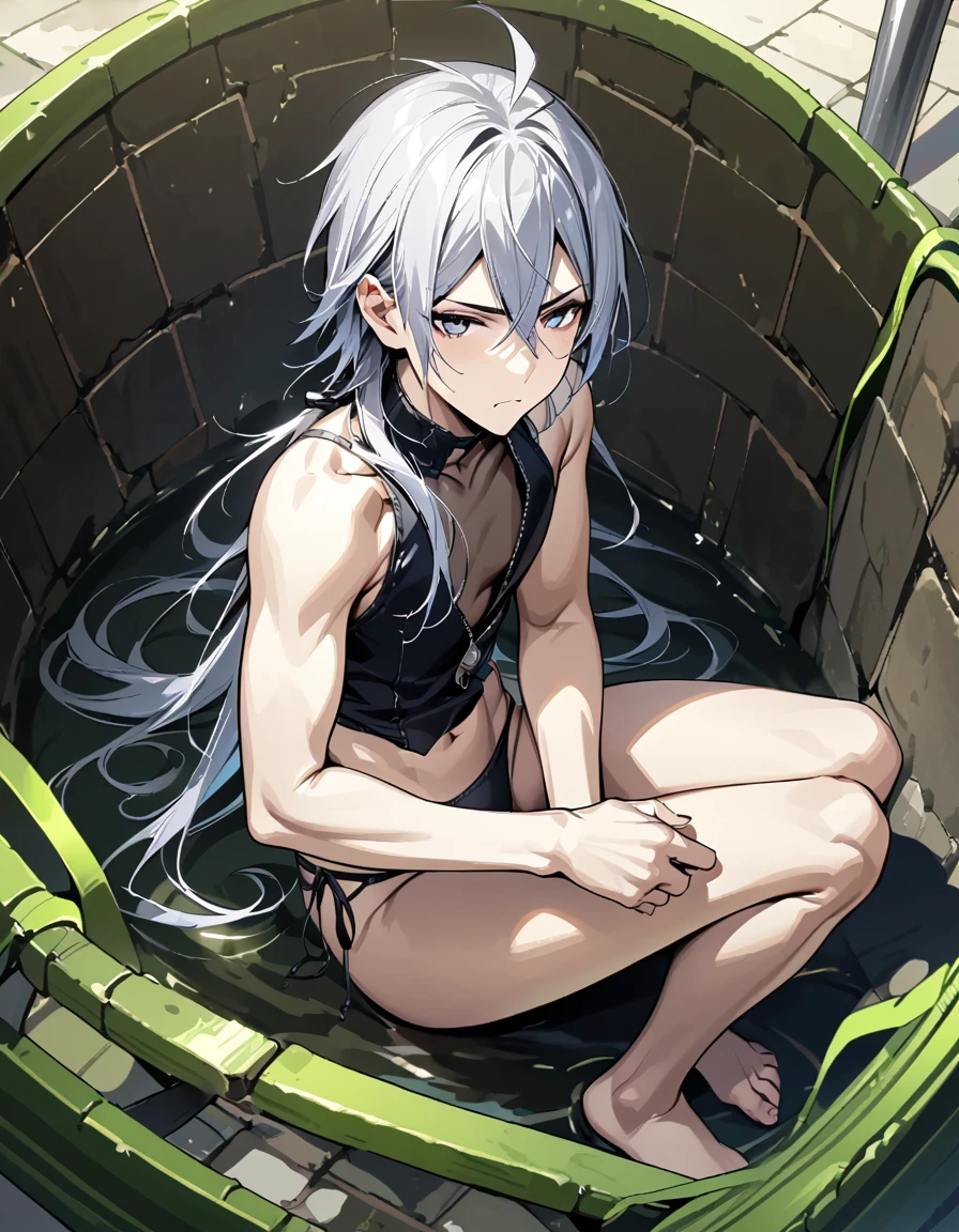absurdres, highres, ultra detailed, super fine illustration, best quality, 1boy, perfect anatomy, male focus, solo, (dark-skinned:0.8) male, silver hair, long hair, black bikini, bare shoulders, bare arms, bare legs, &lt;lora:_L2090:-0.6&gt; &lt;lora:flat:-0.2&gt;