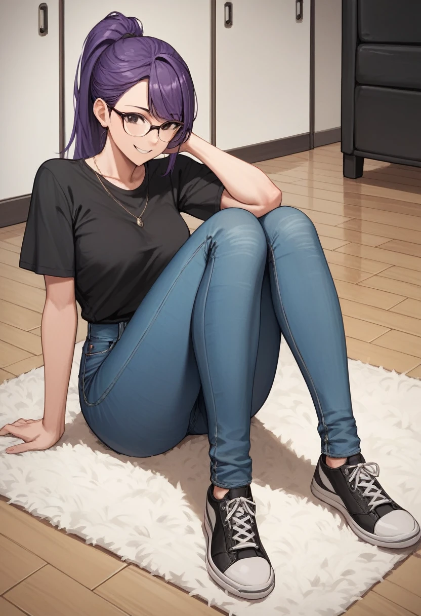 score_9, score_8_up, score_7_up, score_6_up, score_5_up, score_4_up, source_anime, 1girl, sit, smile, glasses, purple hair, ponytail, black eyes, clean hair, black shirt, jeans, black sneakers, room, floor, carpet, best quality, best res, 4K UHD,
 