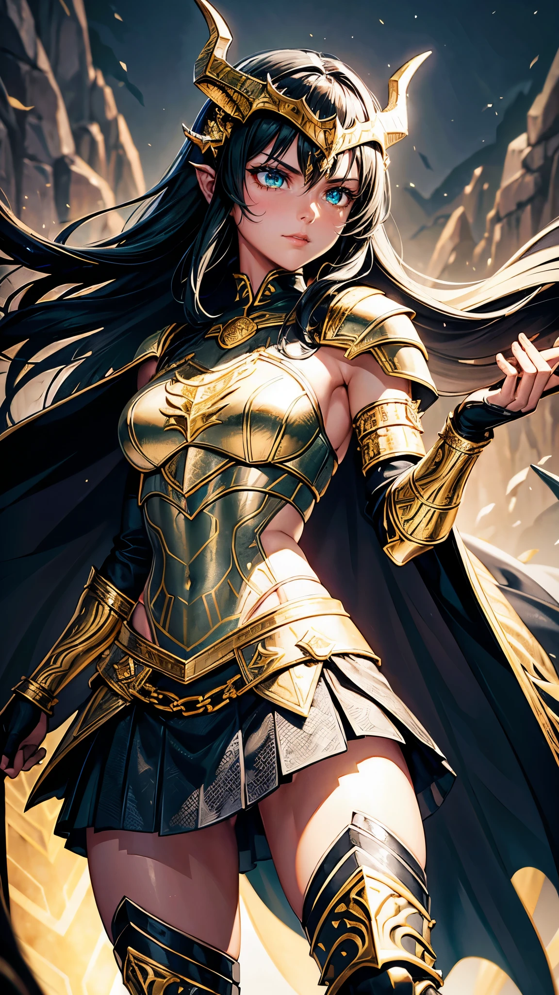 greeneyes, and black hair, the archer, wears black armor made of dragon scales, with gold and silver details. The breastplate has an emblem of a black flame intertwined with a ray of golden light.. The imposing shoulder pads resemble dragon wings, adorned with shining gems. Leather bracers reinforced with scales and glowing runes run down the arms. Black leather gloves with silver metal reinforced fingers and rune markings on the palms. The skirt is made of leather reinforced with scales, with greaves carved in silver and gold on his legs. Sturdy boots reinforced with dragon scale plates and small retractable heel blades. Helmet adorned with dragon horns and gold details, with display decorated with glowing runes. She wears a long black cloth cape lined with dragon scales.. His bow shines with a golden glow and has dragon horn ornaments on the ends., with a magic rope