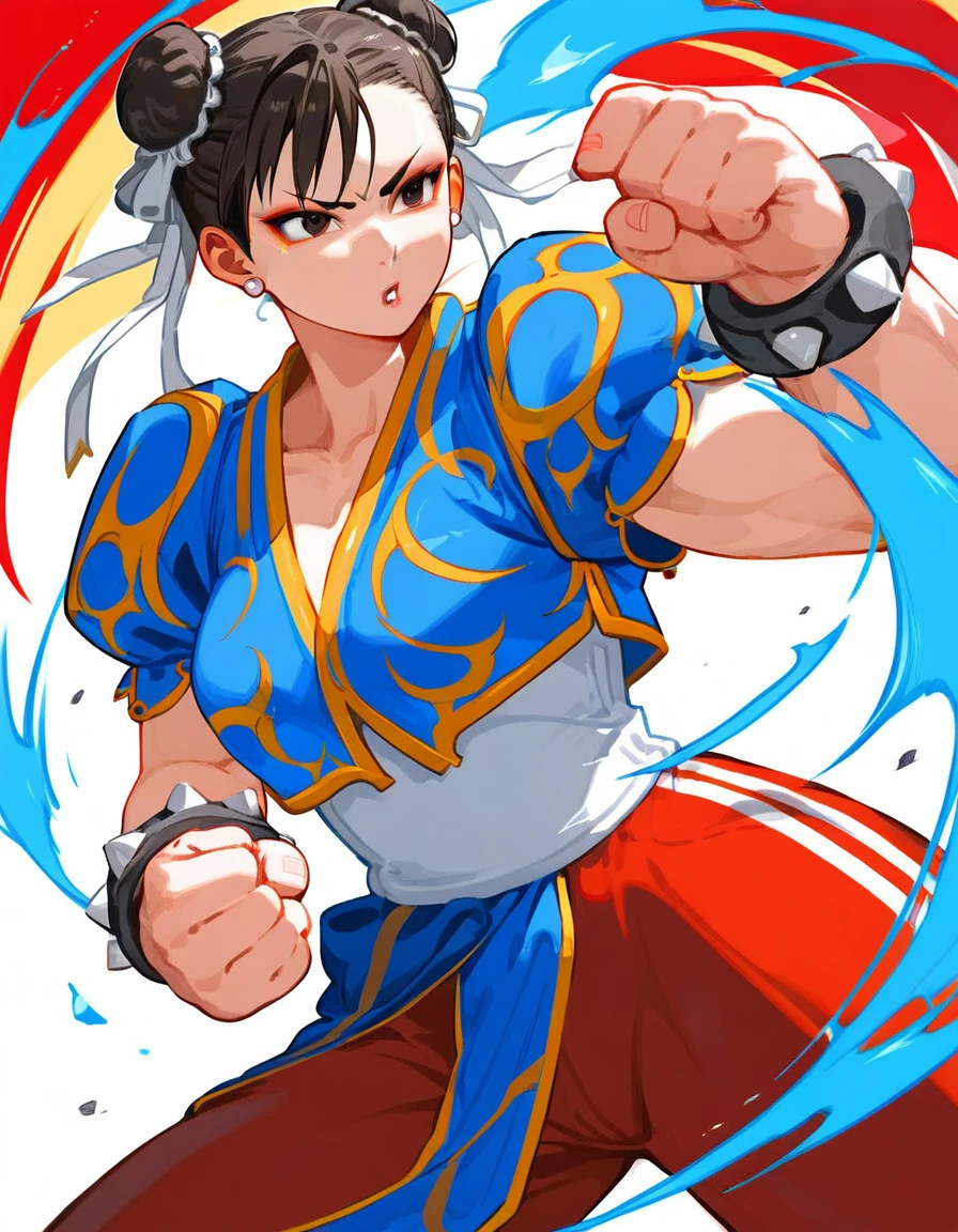 a cartoon image of a woman in a blue and red outfit, portrait of chun - li, chun-li, chun - li, chun li, portrait of chun li, chun li at the gym, fighting game character, fighter pose, fighting pose, fighting stance, fujita goro!, fight pose, marin kitagawa fanart, in a fighting pose, most strongest pose, anime, anatomically correct, super detail, high quality, 4K