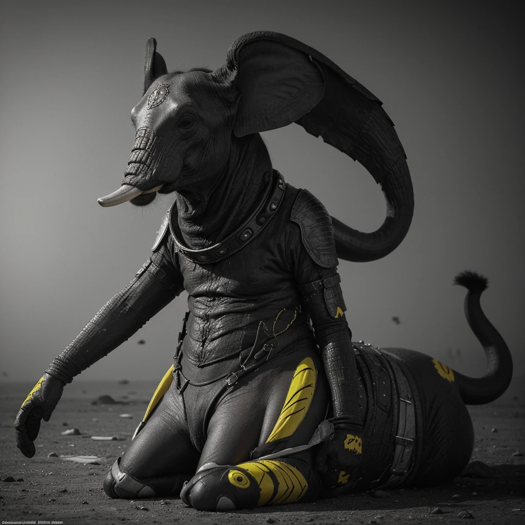 A captivating, high-contrast black and white photograph with striking red, green, and yellow accents. The image, captured by the talented André Uhlisch for National Geographic, features a vibrant, old fish with elephant legs, dressed in a glistening, elaborate costume. The fish is adorned with delicate fur arm prosthetics and dust leg prosthetics. In a post-apocalyptic style, the fish rides atop the head of a dog, adding an unexpected and surreal element to the composition.