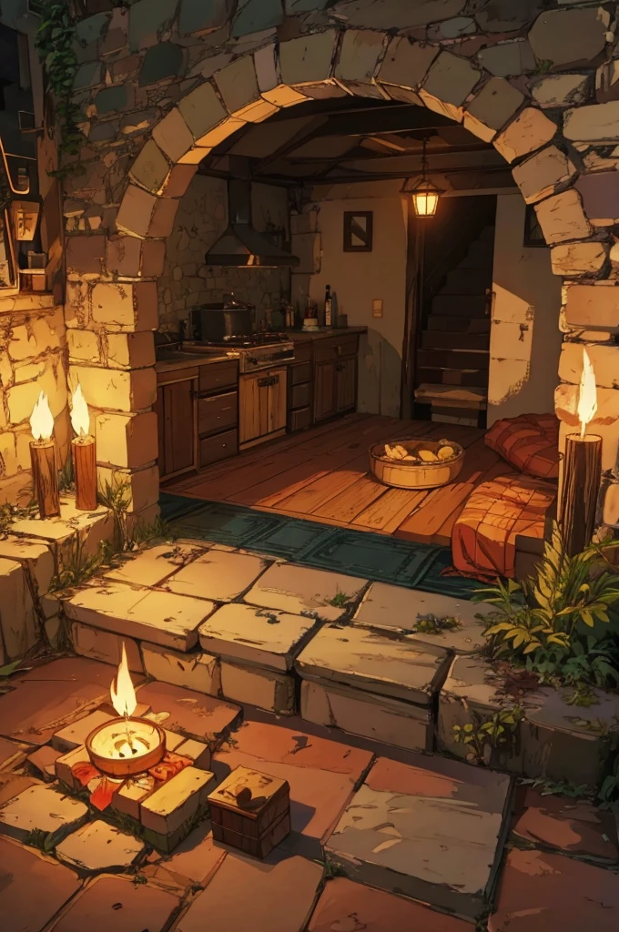 Environment with cooking in an RPG cave with pans on the floor with food and sleeping bags with torches, candles and fires Red-headed dwarf cooking