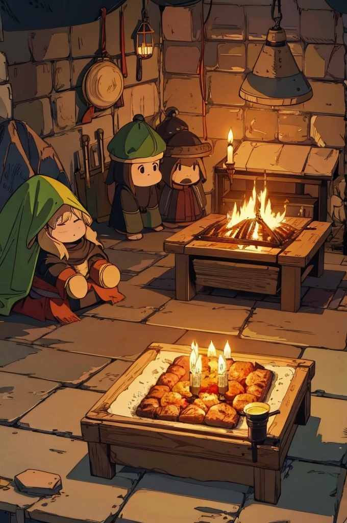 Environment with cooking in an RPG cave with pans on the floor with food and sleeping bags with torches, candles and fires Red-headed dwarf cooking
