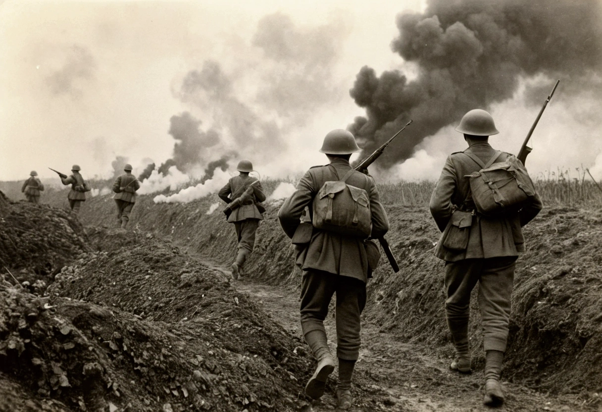 Soldiers standing in a field,Smoke in the background, World War I照片, World War I照片, 用World War II相机拍摄, war photos, World War II, Battlefield scene, Battlefield Background, 对抗 World War I, World War II摄影, World War II摄影, Soldiers come under heavy fire, war photosgraph, On the war zone, war photosgraphy, World War I