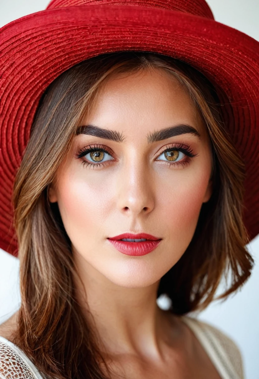 
portrait d’une femme avec des yeux marrons et un chapeau rouge, natural natural lighting realistic style 