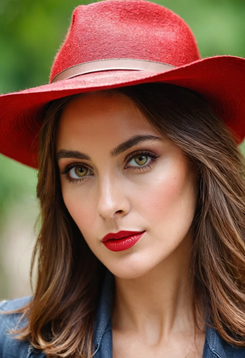 
portrait d’une femme avec des yeux marrons et un chapeau rouge, natural natural lighting realistic style 
