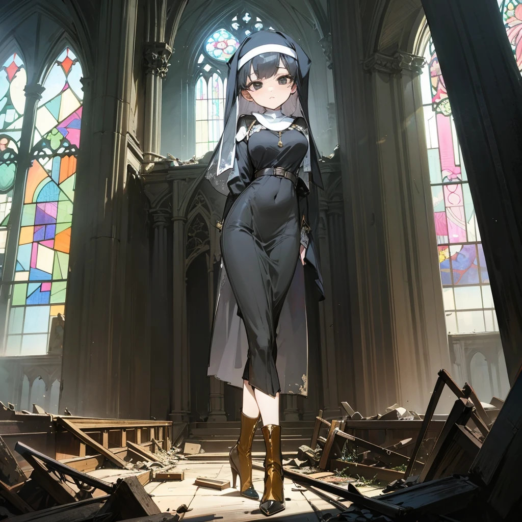 (solo), 1 skinny nun, sheer black nun's robe, large breasts, stiletto heels, BREAK, black short hair, long sidelocks, black eyes, BREAK, short torso, skinny waist, skinny long legs, BREAK, old rotten church, devastated ruin, stained glass
