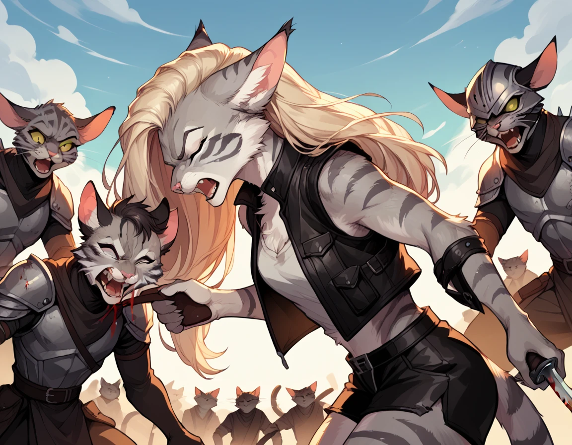 score_9,score_8_up,score_7_up, score_6_up, score_5_up, source_anime, flat colors, no shading, Kat, Anthro furry feline, silver fur, grey stripes on body, closed eyes, long blonde hair, undercut hair, one side of hair shaved, pink nose, :3, wearing black leather armor vest, black cuirass, black short shorts, holding two knife daggers, clutching her knives, face covered in blood, furrowed eyebrows, angry, screaming at the sky, surrounded by soldiers, outdoors, nighttime, several dead bodies on the ground, side view, throwing head back
