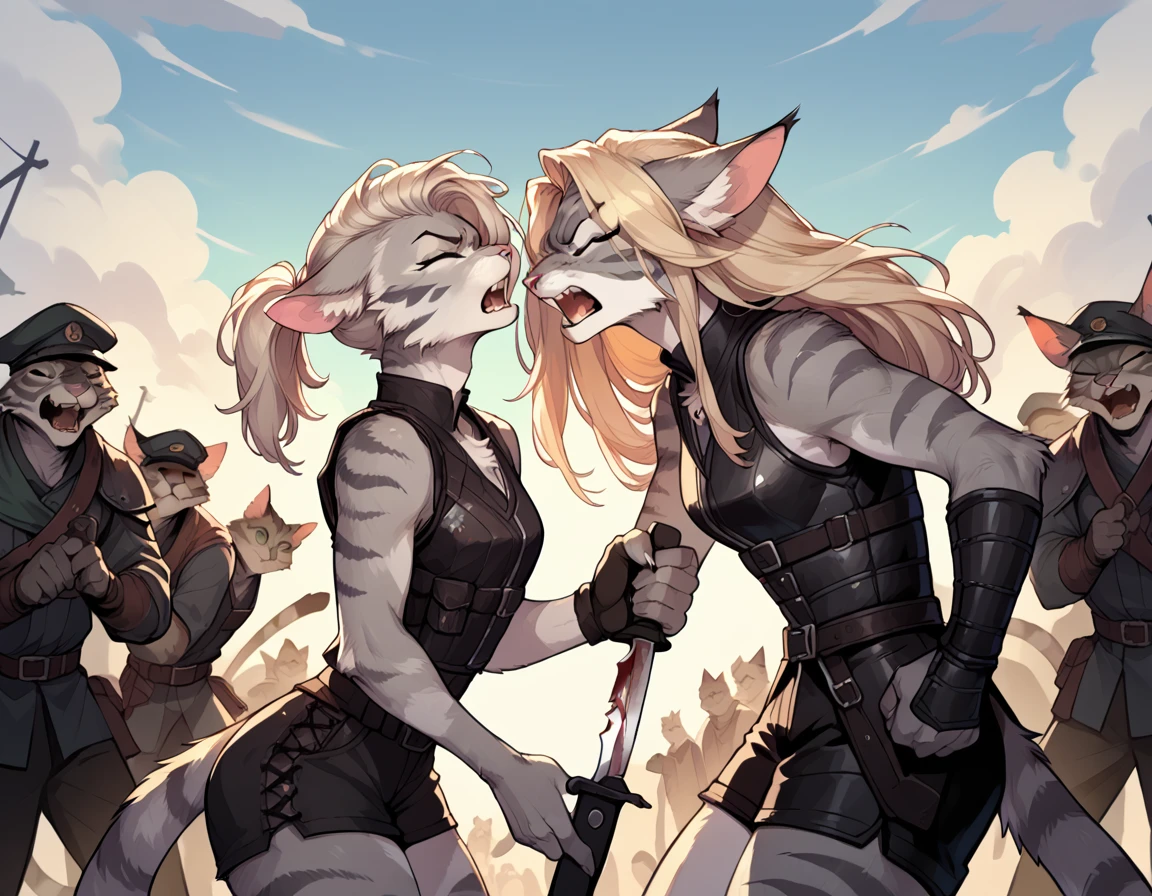 score_9,score_8_up,score_7_up, score_6_up, score_5_up, source_anime, flat colors, no shading, Kat, Anthro furry feline, silver fur, grey stripes on body, closed eyes, long blonde hair, undercut hair, one side of hair shaved, pink nose, :3, wearing black leather armor vest, black cuirass, black short shorts, holding two knife daggers, clutching her knives, face covered in blood, furrowed eyebrows, angry, screaming at the sky, surrounded by soldiers, outdoors, nighttime, several dead bodies on the ground, side view, throwing head back
