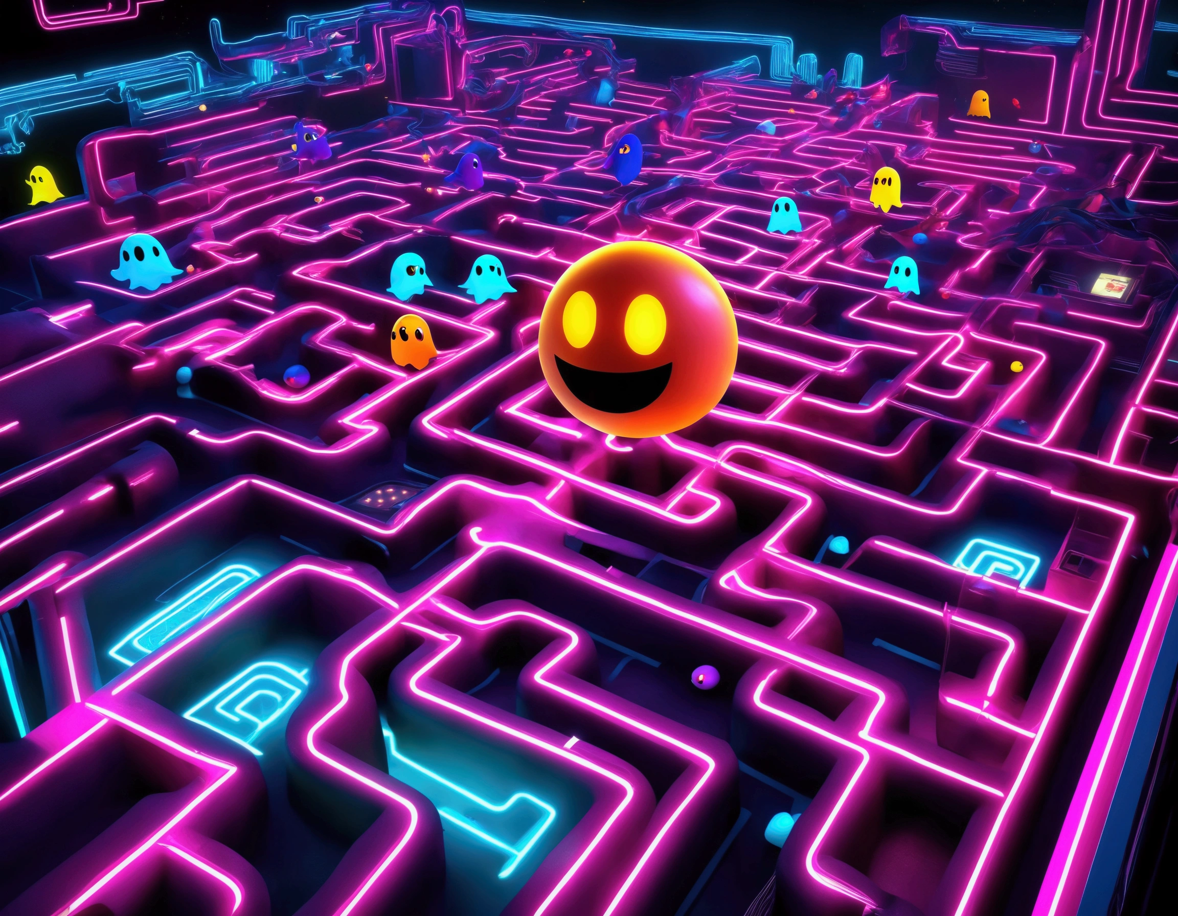 a dynamic and vibrant video game character pac man, chasing after beautiful, sexy, busty Malaysian ghosts through a vibrant, neon-lit maze,(best quality,4k,8k,highres,masterpiece:1.2),ultra-detailed,(realistic,photorealistic,photo-realistic:1.37),dynamic composition,cinematic lighting,highly detailed,videogame,8k,concept art,colorful,vibrant colors,(neon:1.2),hyper detailed,intricate background,complex maze patterns,glowing ghosts,dramatic poses,whimsical,playful