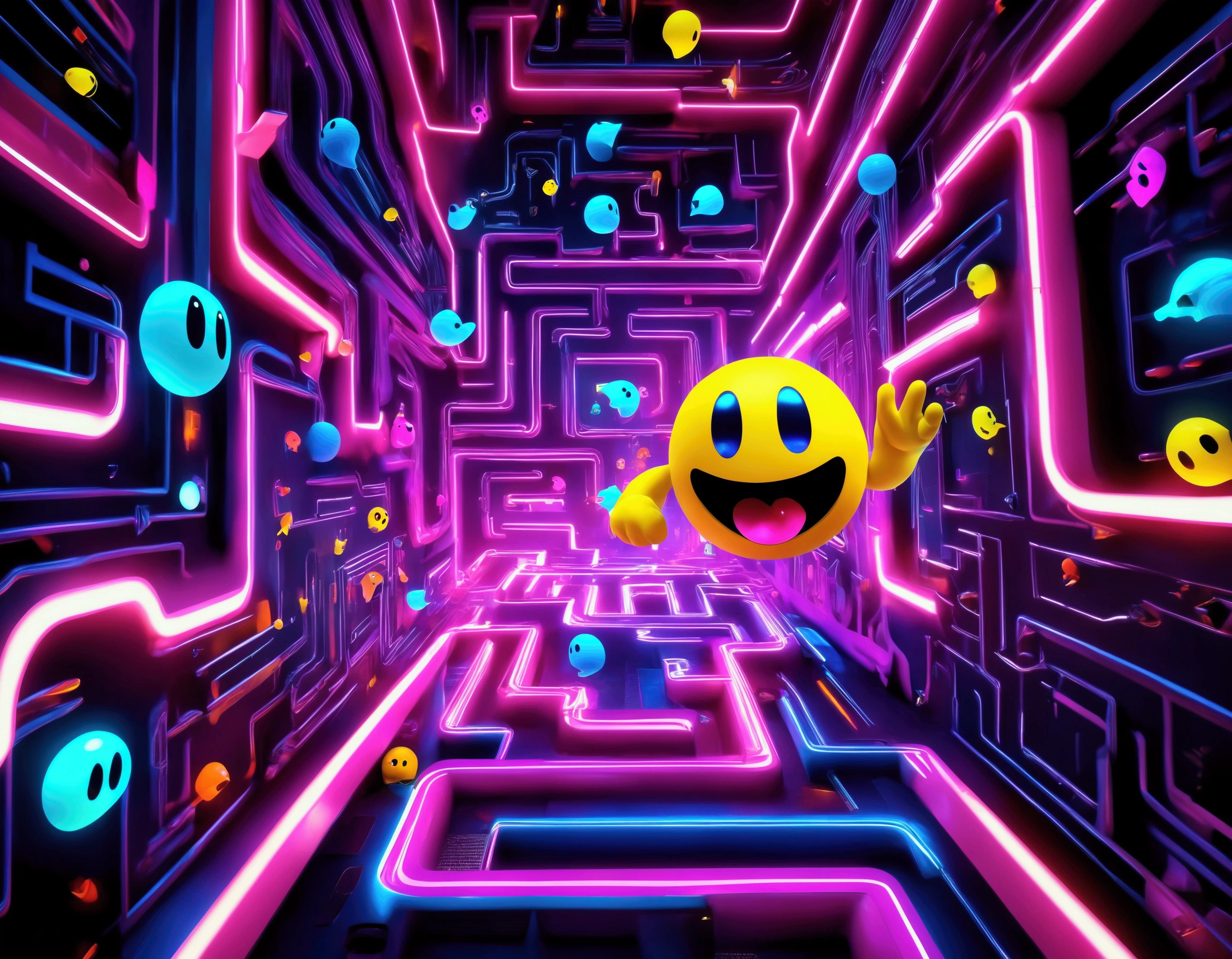 a dynamic and vibrant video game character pac man, chasing after beautiful, sexy, busty Malaysian ghosts through a vibrant, neon-lit maze,(best quality,4k,8k,highres,masterpiece:1.2),ultra-detailed,(realistic,photorealistic,photo-realistic:1.37),dynamic composition,cinematic lighting,highly detailed,videogame,8k,concept art,colorful,vibrant colors,(neon:1.2),hyper detailed,intricate background,complex maze patterns,glowing ghosts,dramatic poses,whimsical,playful