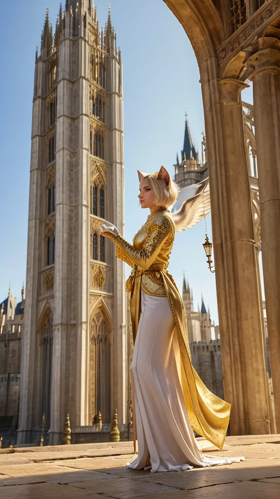 "A magnificent white cat stands on two legs, draped in an exquisite golden robe. She is releasing a pigeon, which soars in front of a grand medieval castle with towering spires. The intricate architecture of the castle is bathed in soft, golden light, creating a divine and ethereal atmosphere."