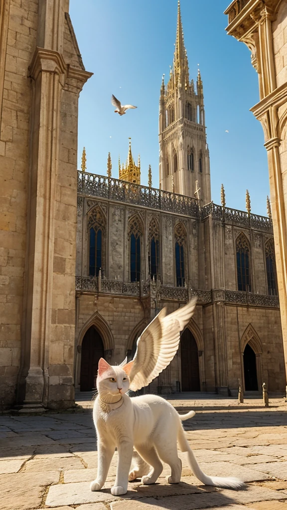 "A magnificent white cat stands on two legs, draped in an exquisite golden robe. She is releasing a pigeon, which soars in front of a grand medieval castle with towering spires. The intricate architecture of the castle is bathed in soft, golden light, creating a divine and ethereal atmosphere."