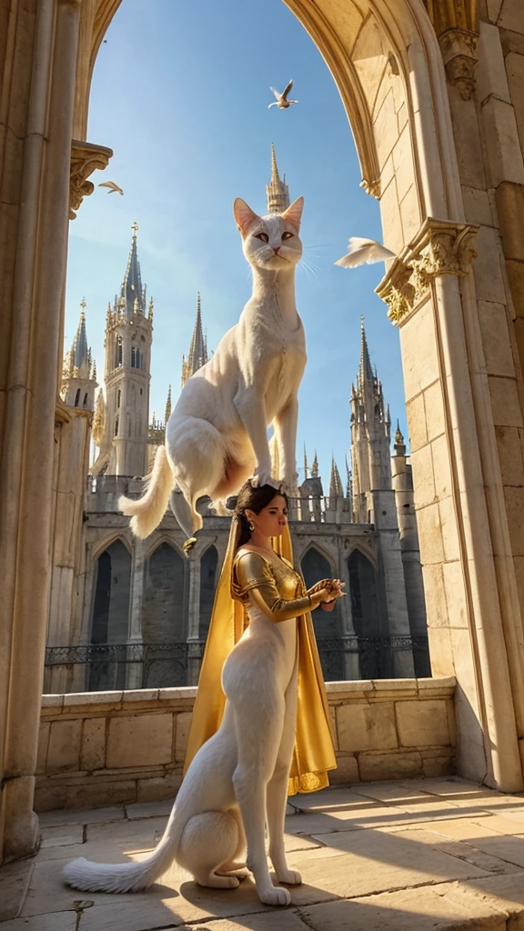 "A magnificent white cat stands on two legs, draped in an exquisite golden robe. She is releasing a pigeon, which soars in front of a grand medieval castle with towering spires. The intricate architecture of the castle is bathed in soft, golden light, creating a divine and ethereal atmosphere."