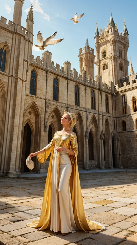 "A magnificent white cat stands on two legs, draped in an exquisite golden robe. She is releasing a pigeon, which soars in front of a grand medieval castle with towering spires. The intricate architecture of the castle is bathed in soft, golden light, creating a divine and ethereal atmosphere."