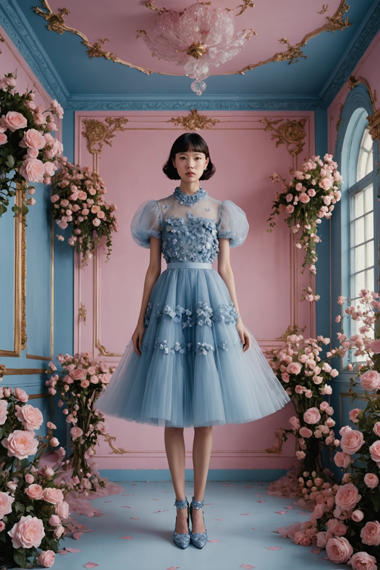 A woman in a blue dress standing in a room with pink flowers - SeaArt AI
