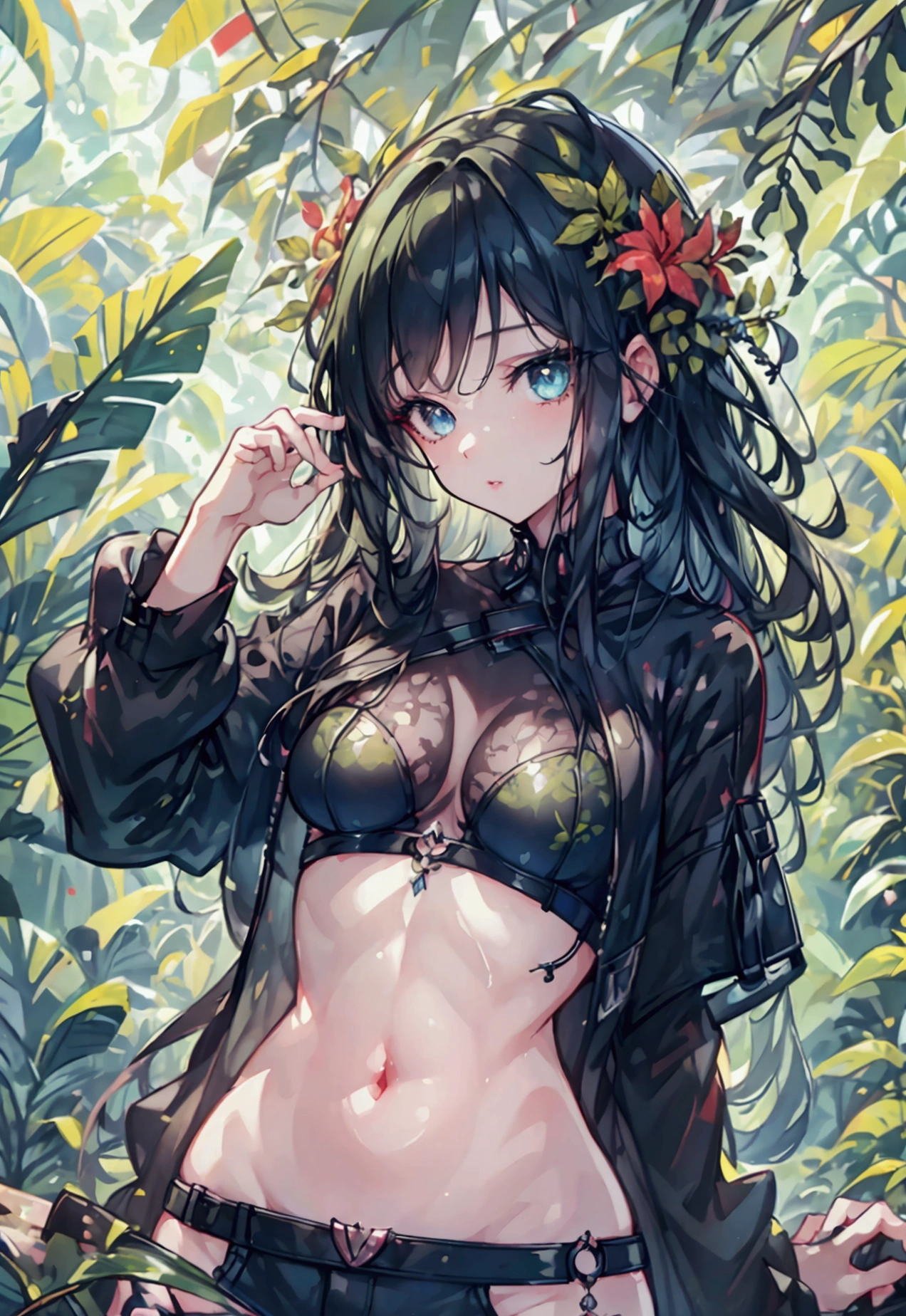 a lush tropical jungle, beautiful detailed eyes, beautiful detailed lips, extremely detailed eyes and face, long eyelashes, 1girl, 3D render, photorealistic, masterpiece, highly detailed, intricate details, vivid colors, dramatic lighting, cinematic composition, volumetric fog, god rays, detailed foliage, dense vegetation, ancient ruins, mysterious atmosphere