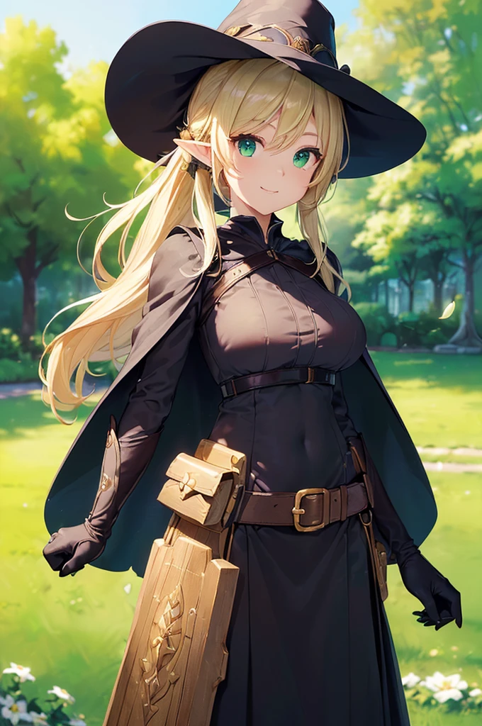 (((masterpiece; best quality: 1.2))), (finely detailed eyes: 1.3), (25 year old elf woman), (solo), (green eyes: 1.4), (body; big breasts, fit, femenine: 1.3), (silky blonde hair in low ponytail: 1.3), (beautiful and clear background: 1.2), ((depth of field)), (equipment: adventurer garb + modest + elegant wide-brim hat + dark blouse + dark cape + black long skirt + gloves + belt + pouches: 1.3), (anime illustration: 1.2), (background composition; royal garden: 1.1), (extremely fine and beautiful: 1.1), (shot composition; standing + centered on torso + close-up: 1.5), (expression; calm, smile: 1.2)
