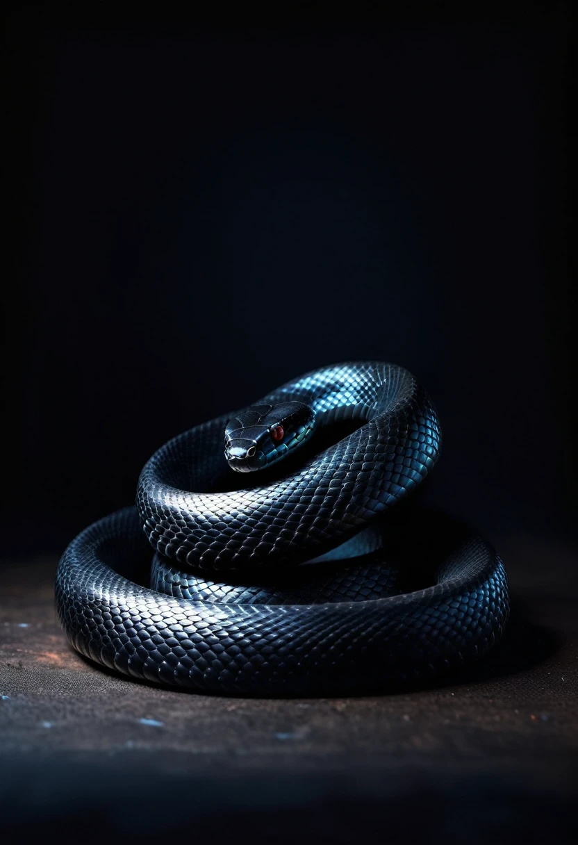 painting of a black dangerous poisonous snake crawls, sharp deep shadows, black background. Inspiration, cinematic scene, volumetric lights, ultra realistic, in the style of nicola samori