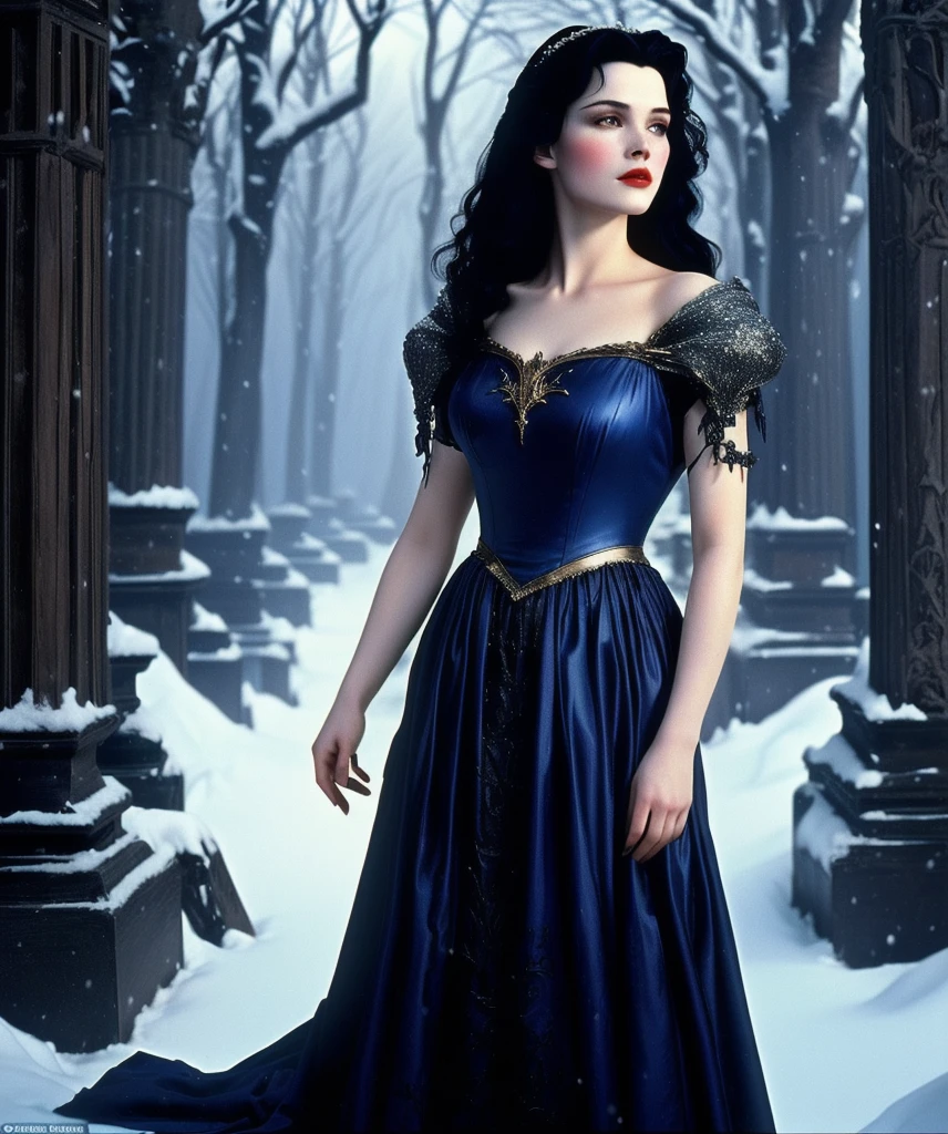 A stunning 80s dark fantasy film still of Snow White, captured from a vintage dvd tape. The character is depicted with realistic skin textures and a true-to-life face expression, showcasing her sadness. Snow White's natural fair skin contrasts with her raven-black hair, as she stands amidst the beautiful yet eerie nature of a medieval-inspired landscape. The overall atmosphere is enveloped in a hauntingly beautiful color palette, evoking a sense of nostalgia and wonder. the never ending story 80s film style