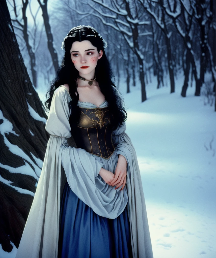 A stunning 80s dark fantasy film still of Snow White, captured from a vintage dvd tape. The character is depicted with realistic skin textures and a true-to-life face expression, showcasing her sadness. Snow White's natural fair skin contrasts with her raven-black hair, as she stands amidst the beautiful yet eerie nature of a medieval-inspired landscape. The overall atmosphere is enveloped in a hauntingly beautiful color palette, evoking a sense of nostalgia and wonder. the never ending story 80s film style