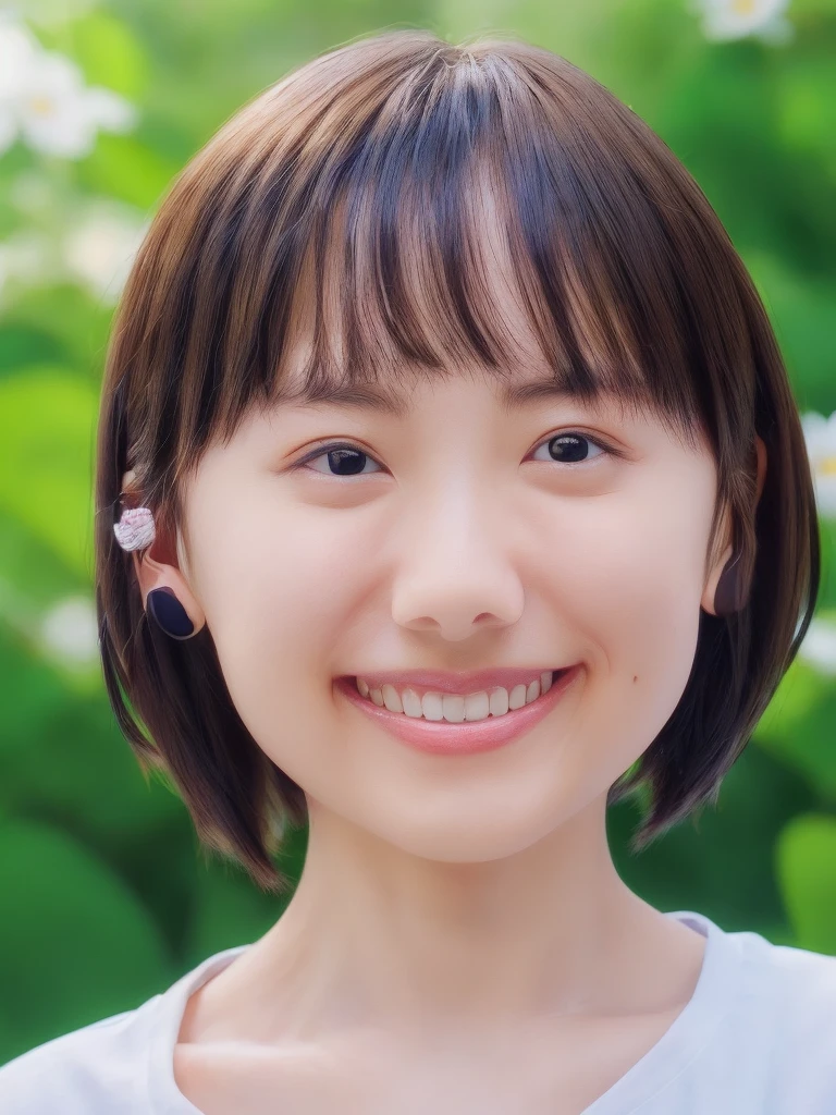 High resolutionCGを組み合わせた8K壁紙、High quality 8K CG wallpaper masterpiece、Highest quality、High resolution、Very detailed、Ultra Sharp、Cinema Lighting、Anatomically correct、One Girl 、(Cute Face、Detailed face、Young Face)、(Brown Hair、short hair:1.4)、Red cheeks、(Flat Chest:1.4)、(thin体:1.3)、thin、(smile:1.5)、(White shirt)、The girl is 8 years old.、happiness、(Upper body close-up:1.5)、Light of the sun、White lily flower garden、