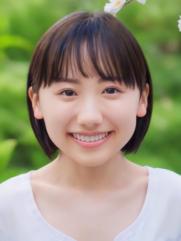 High resolutionCGを組み合わせた8K壁紙、High quality 8K CG wallpaper masterpiece、Highest quality、High resolution、Very detailed、Ultra Sharp、Cinema Lighting、Anatomically correct、One Girl 、(Cute Face、Detailed face、Young Face)、(Brown Hair、short hair:1.4)、Red cheeks、(Flat Chest:1.4)、(thin体:1.3)、thin、(smile:1.5)、(White shirt)、The girl is 8 years old.、happiness、(Upper body close-up:1.5)、Light of the sun、White lily flower garden、