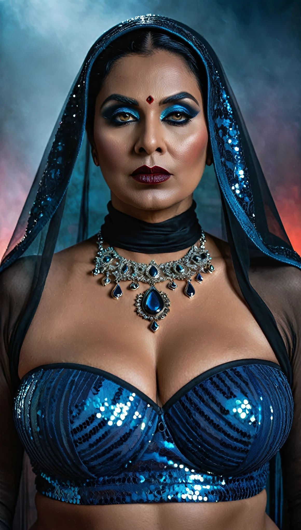 Looks like Debashree Roy, full body Closeup shot, Big chubby aunty, milf, cougar lady witch, horny Gothic milf,  70 years old gorgeous mature lady, pervert demoness, demoness of lust, curvy, black lips, horny face, extremely gorgeous, thick figure, heavy physique, voluptuous, curvy, sexy figure, Fashionable portrait of androgynous alien looking witch wearing veil, glowing eyes, futuristic design, minimal details, givenchy, photoreal, 200mm, hd, f/ 2.0, highly detailed, surreal, sexy beautiful evil woman, sexy bold sequin Saree with strapless Bra, chudail, Pishachini, horror genre, blood-thirsty enchantress, powerful female spirit, eerie, drop dead, in the style of red and blue, (intricate details, hyperdetailed:1.15) (skin texture:1.2), dark Moody tone, cinematic lighting, haunted place in background, 