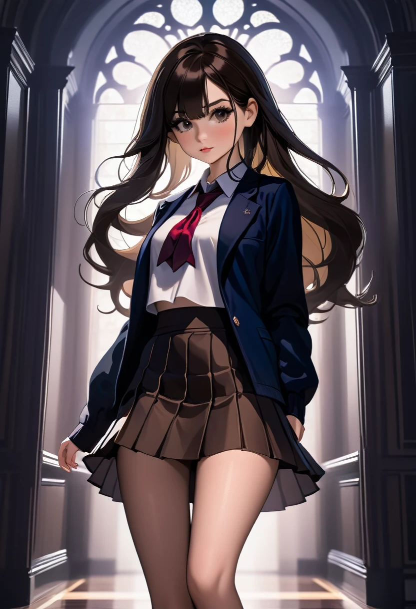 dark academia style, short skirt, beautiful brunette