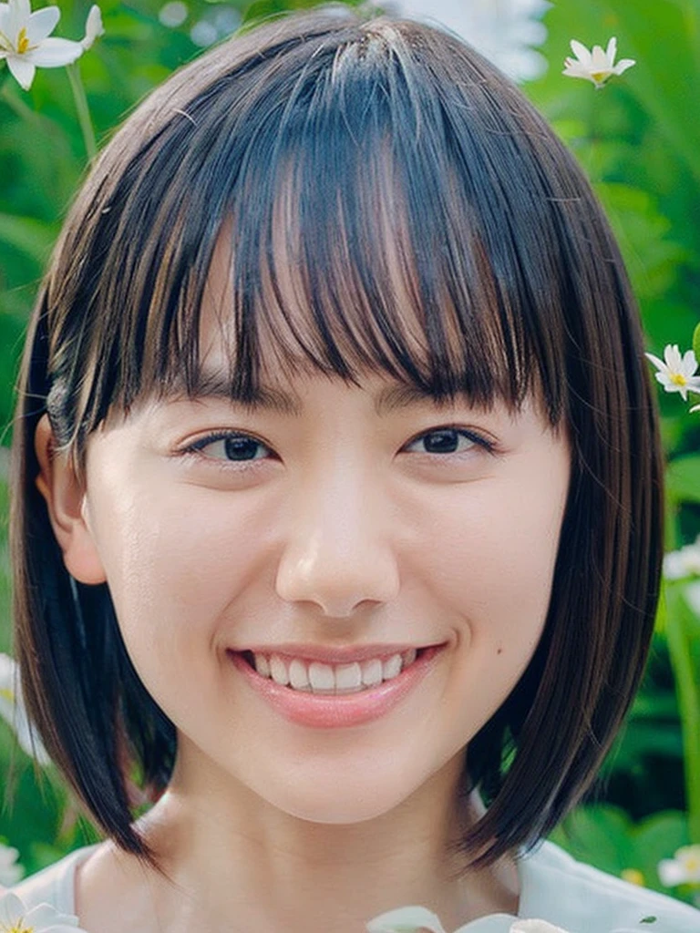 High resolutionCGを組み合わせた8K壁紙、High quality 8K CG wallpaper masterpiece、Highest quality、High resolution、Very detailed、Ultra Sharp、Cinema Lighting、Anatomically correct、One Girl 、(Cute Face、Detailed face、Young Face)、(Brown Hair、short hair:1.4)、Red cheeks、(Flat Chest:1.4)、(thin体:1.3)、thin、(smile:1.5)、(White shirt)、The girl is 8 years old.、happiness、(Upper body close-up:1.5)、Light of the sun、White lily flower garden、