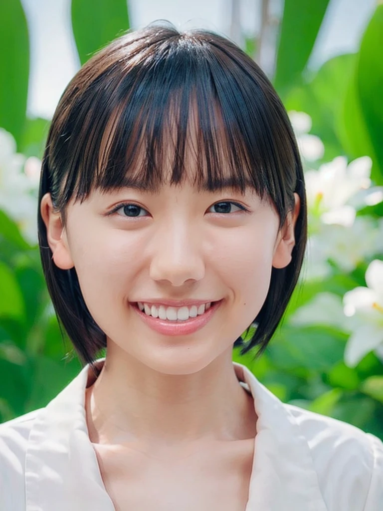 High resolutionCGを組み合わせた8K壁紙、High quality 8K CG wallpaper masterpiece、Highest quality、High resolution、Very detailed、Ultra Sharp、Cinema Lighting、Anatomically correct、One Girl 、(Cute Face、Detailed face、Young Face)、(Brown Hair、short hair:1.4)、Red cheeks、(Flat Chest:1.4)、(thin体:1.3)、thin、(smile:1.5)、(White shirt)、The girl is 8 .、happiness、(Upper body close-up:1.5)、Light of the sun、White lily flower garden、