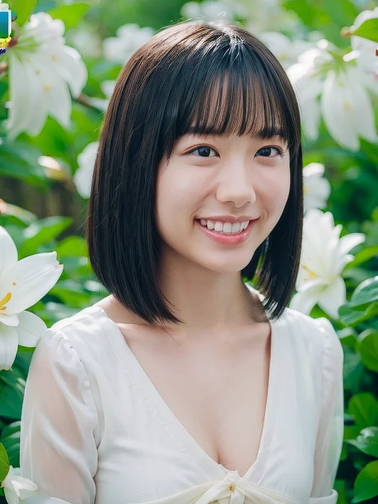 High resolutionCGを組み合わせた8K壁紙、High quality 8K CG wallpaper masterpiece、Highest quality、High resolution、Very detailed、Ultra Sharp、Cinema Lighting、Anatomically correct、One Girl 、(Cute Face、Detailed face、Young Face)、(Brown Hair、short hair:1.4)、Red cheeks、(Flat Chest:1.4)、(thin体:1.3)、thin、(smile:1.5)、(White shirt)、The girl is 8 years old.、happiness、(Upper body close-up:1.5)、Light of the sun、White lily flower garden、