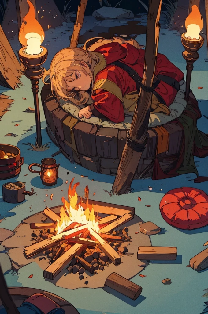 Environment with cooking in a cave RPG with pans on the floor with food and sleeping bags with torches, candles and bonfires Red-headed dwarf cooking with the sound of a stove, just bonfires and food