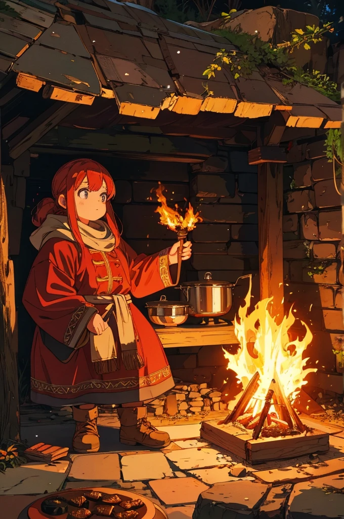 Environment with cooking in a cave RPG with pans on the floor with food and sleeping bags with torches, candles and bonfires Red-headed dwarf cooking with the sound of a stove, just bonfires and food