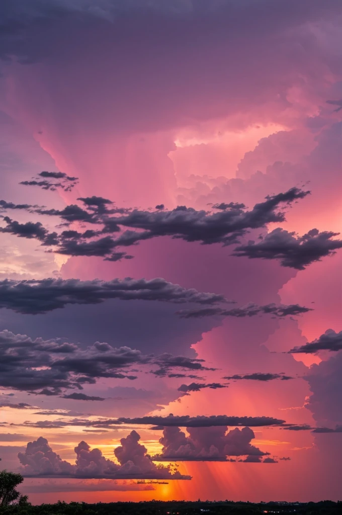 Sky with thunder striking at the same time as pink color sky sunset photo